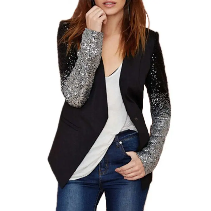2018 Spring Women Blazer Female Work Suit Spring Long Sleeve Lapel Silver Black Sequins Elegant Ladies Feminino Plus Size S-4Xl 1