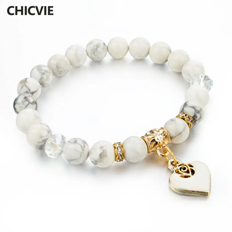 Chicvie Heart Charm Bracelets Bangles White Natural Stone Bracelet For Women Pulseiras Boho Jewelry Friendship Bangle Sbr150344 1