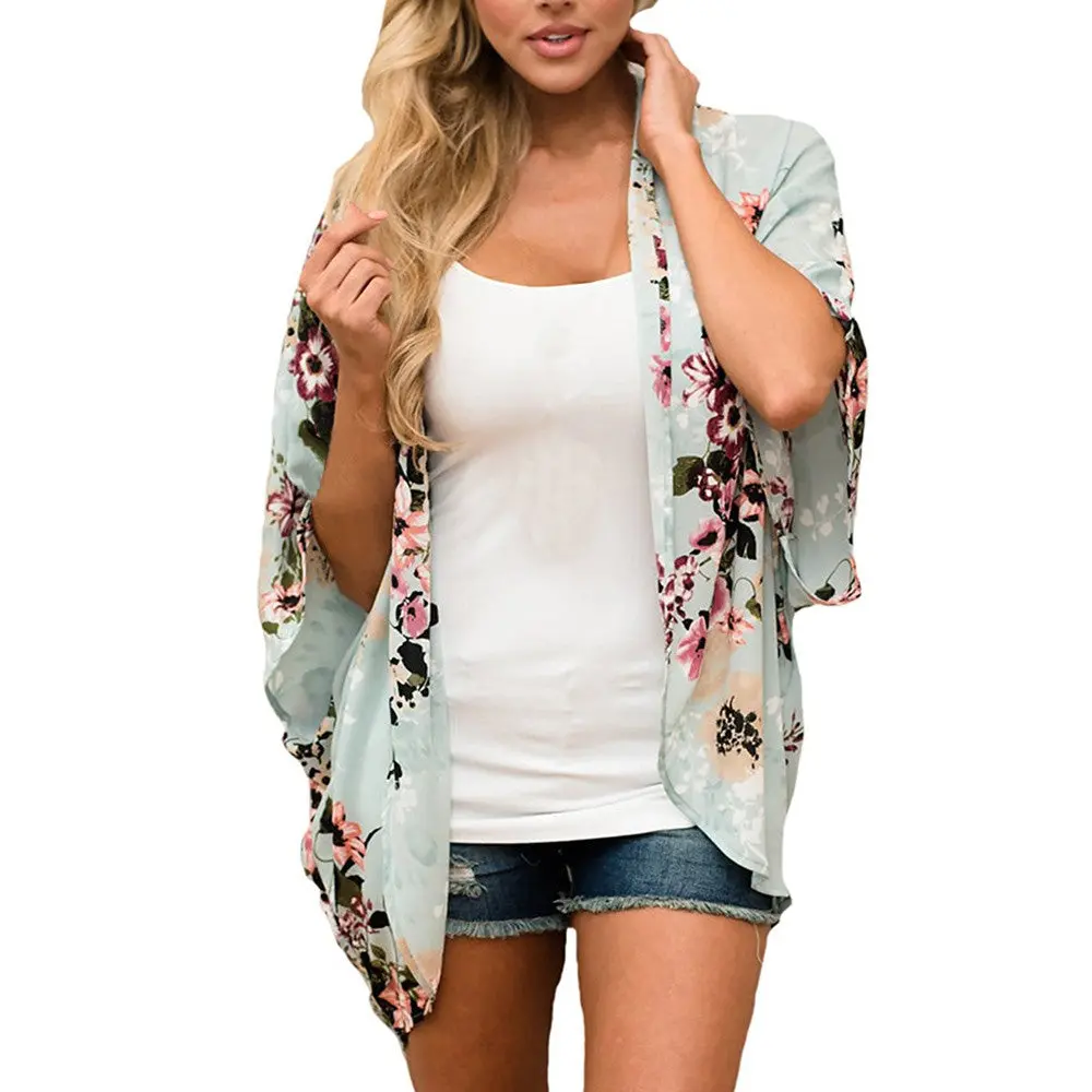 Boho Batwing Sleeve Coat Jacket Chiffon Blouse Women Casual Floral Print Loose Kimono Shirts Big Size Beach Tunic Tops Peplum 1