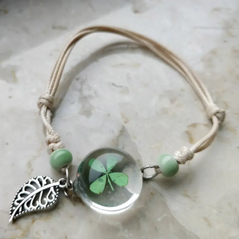 Boho Vintage Charm Bracelet Crystal Glass Ball Charm Bracelet Women Weave Multilayer Leather Bracelet Lucky Leaf Clover Flower 1