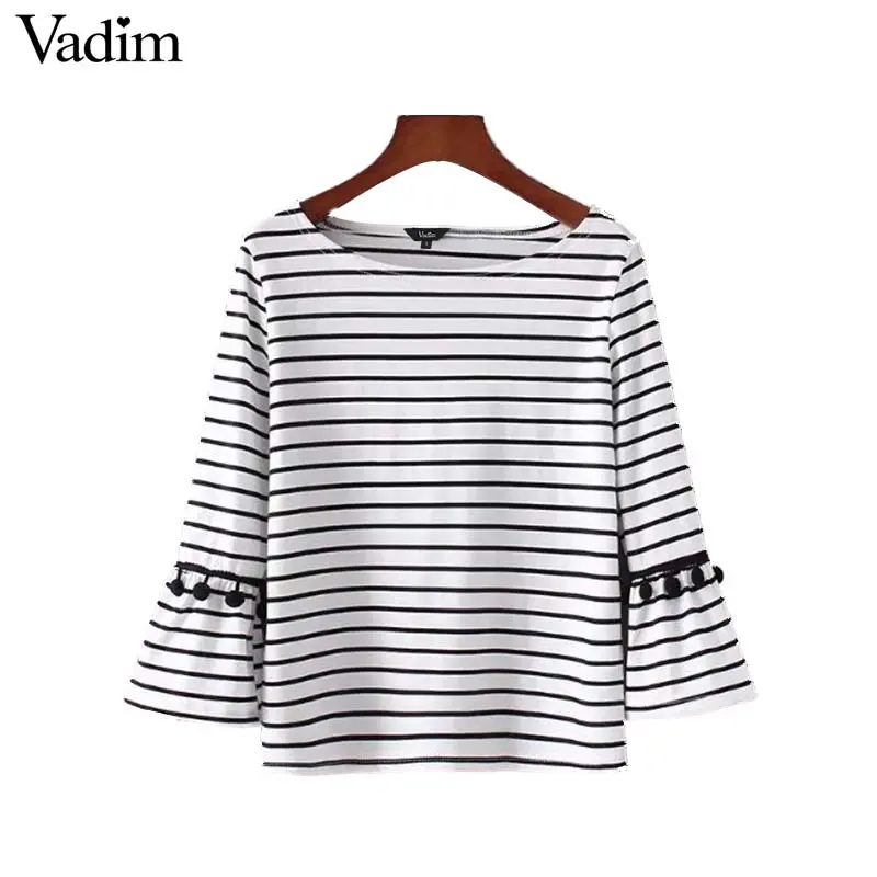 Vadim Sweet Fur Ball Decorate Striped Shirt Flare Sleeve O Neck Blouse Ladies Cute Spring Brand Chic Tops Blusas Mujer Lt2715 1