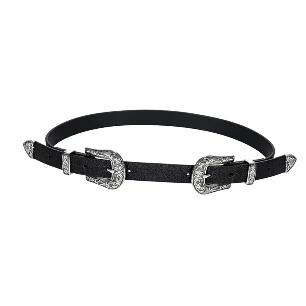 Women Waist Belt Black Leather Western Cowgirl Waistband Silver Double Metal Buckle Belt -Mx8 1