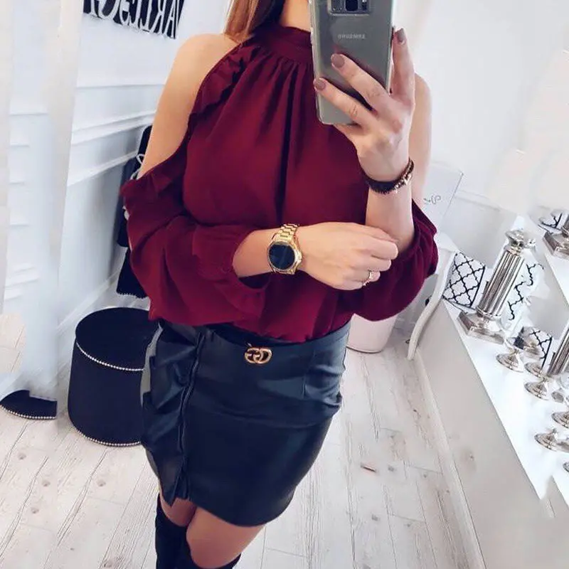 Fashion Women Casual Loose Chiffon Tops Blouses 2018 New Arrival Spring Summer Long Sleeves Strapless Burgundy Pink Shirt Blusas 1