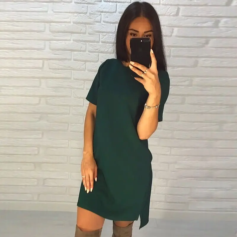 2018 New Women Beach Casual A-Line Dress Vestidos Summer O-Neck Short Sleeve Green Black Parties Mini Dresses Puls Size 1