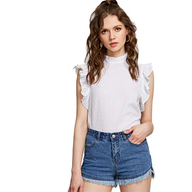 Shein Casual Ruffle Trim Sleeveless Dot Jacquard Top White Stand Collar Women Plain Cotton Blouse 2018 Summer Preppy Blouse 2
