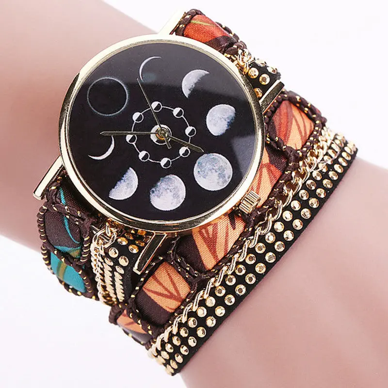 Creative Lunar Solar Eclipse Moon Phase Watch Boho Ethnic Bracelet Watches Women Fabric Leather Quartz Ladies Wrist Watch Clock 1