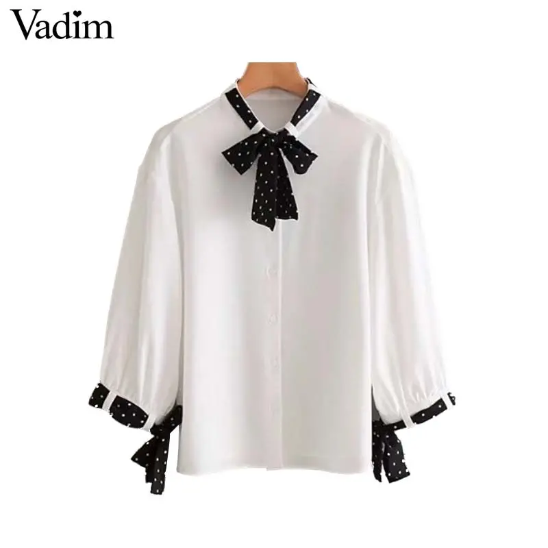 Vadim Women Elegant Spliced Chiffon Loose Shirts See Through Bow Tie Blouse Ladies Brand Office Wear Chic Tops Blusas Lt2769 1