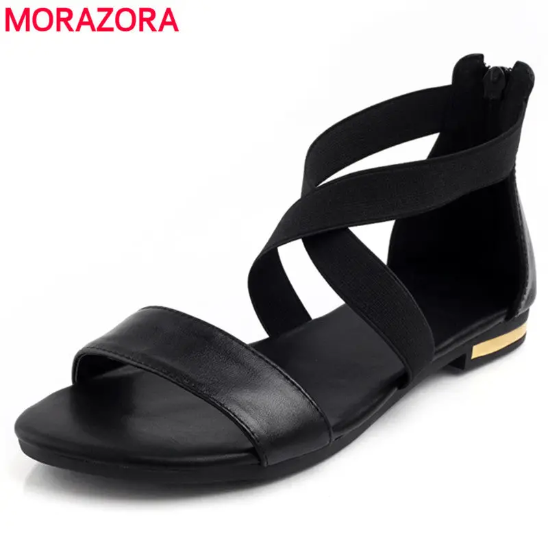 Morazora 2018 Genuine Leather Women Sandals Hot Sale Fashion Summer Sweet Women Flats Heel Sandals Ladies Shoes Black 1
