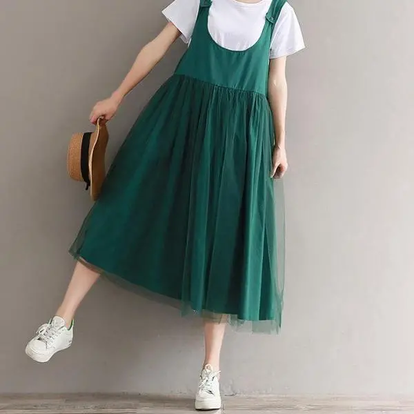 Mferlier Mori Girl Sleeveless Green Summer Dress O Neck Mesh Patchwork Loose Casual Women Solid All Match Artsy 1