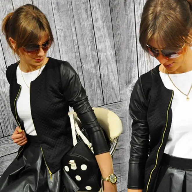 2018 Women Basic Coats Jackets Spring Black Zipper Crop Pu Jacket Punk Style Bandage Women Pu Leather Jacket Coat Crop Tops 1