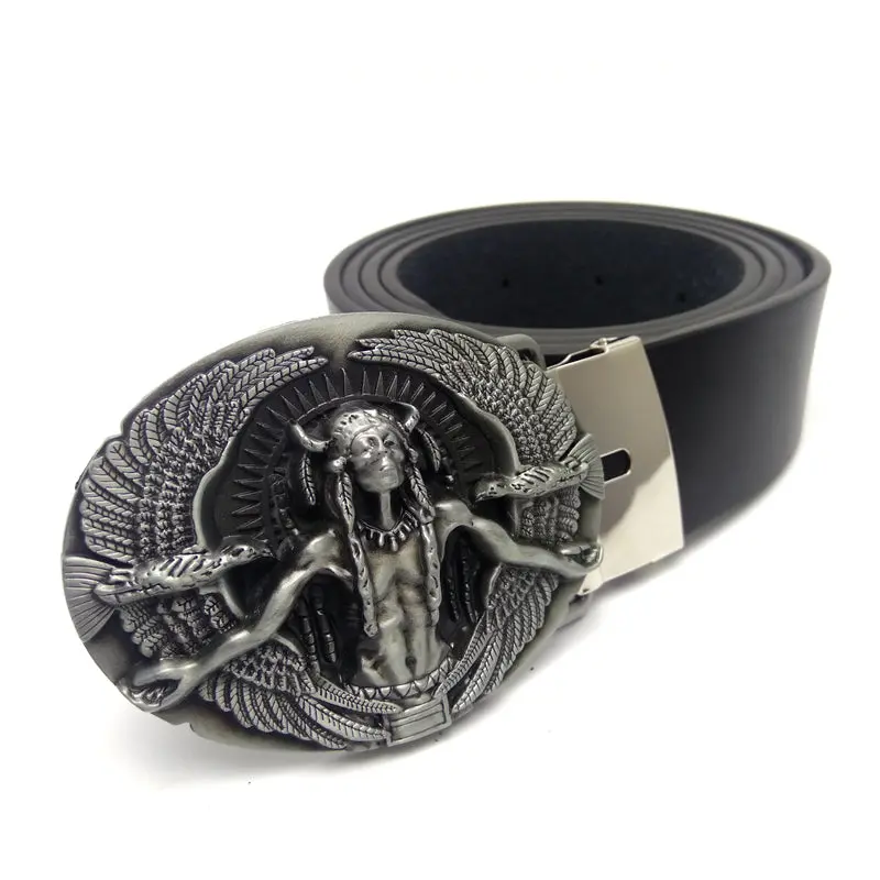 Fashion Black Faux Leather Men Belts Cowboy Western Cowgirl Belt With Native American Indian Birds Metal Buckle Ceinture Homme 1