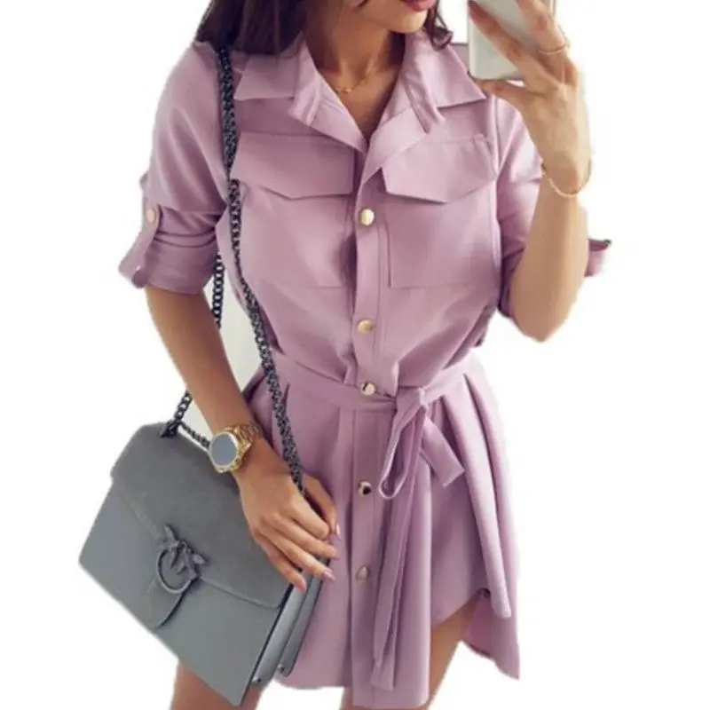 Girls Shirts Dress Leisure Autumn Shirts Dresses Women Soild Spring Casual Mini Shirt Dressturn-Down Collar Dress Femme Gv118 1