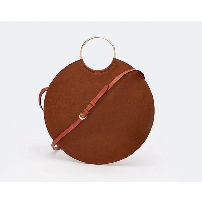 Women Round Circle Bag Fashion Designer Personality Tide Scrub Nubuck Handbag Metal Ring Large Tote Vintage Retro Messenger Bag 1