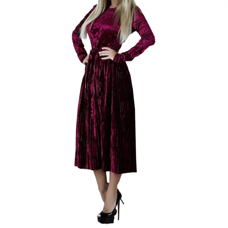 Fashion Pleated Velvet Dresses 2018 Elegant Women Party Dress Long Sleeve Winter Autumn Velour Dress Solid Robe Mujer Gv192 1