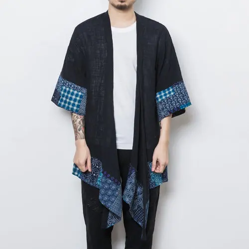 Male Fashion Casual Long Kimono Jacket Outerwear Overcoat Men Chinese Style Half Sleeve Trench Cardigan Coat 1