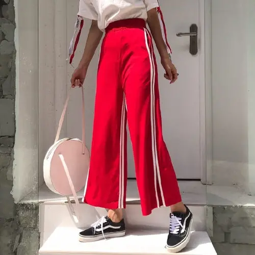Casual Trousers Women 2018 Preppy Style Striped Side Split Elastic Waist Wide Leg Sweatpants Black Red Pantalon Femme B195 2