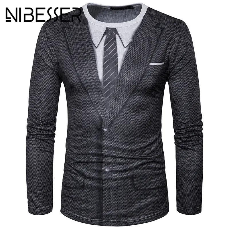 Nibesser 2018 Spring Men's T Shirts Casual Fake 2 Pieces 3D Printed Long Sleeve Male Slim Tee Tops Fashion Punk Rock Tee Shirts 1