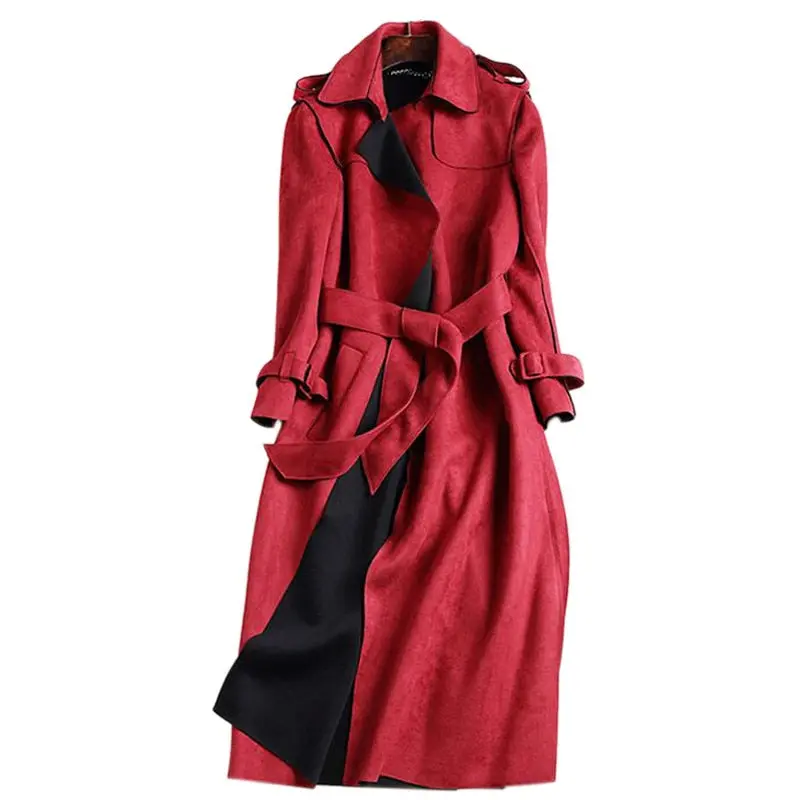 2018 New Autumn Suede Trench Coat Women Abrigo Mujer Long Elegant Outwear Female Overcoat Slim Red Suede Cardigan Trench C3487 1