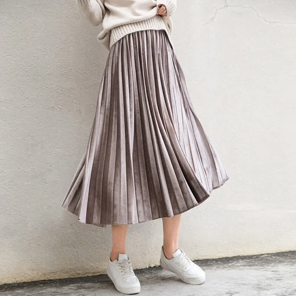 Spring 2018 Women Long Metallic Silver Maxi Pleated Skirt Midi Skirt High Waist Elascity Casual Party Skirt 1
