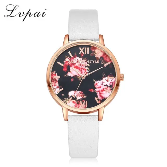 Lvpai Brand Women Bracelet Watch Fashion Rose Gold Flowers Leather Simple Women Dress Watches Luxury Business Gift Clock Watch 18