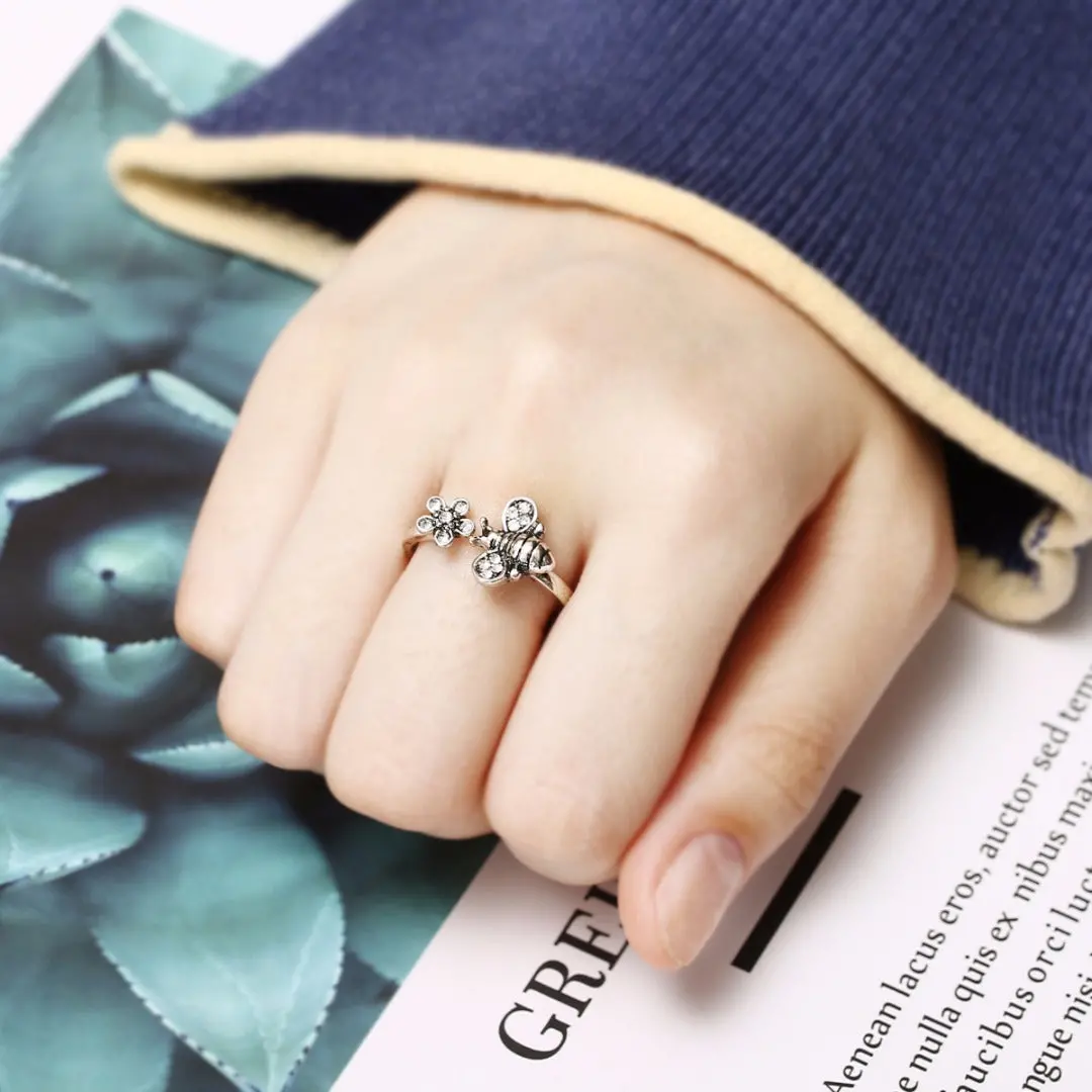 Chic Adjustable Open Ring Sexy Womens Cute Honey Bee And Flower Finger Ring Cool Elegant Jewelry For Women Shellhard 1