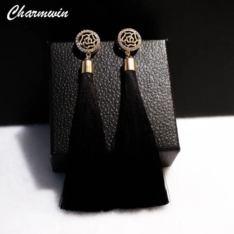 Charmwin Fashion Brand Camellia Earrings Exaggerated Vintage Rhinestone Crystal Long Tassel Dangle Earrings For Women Pe1104 1