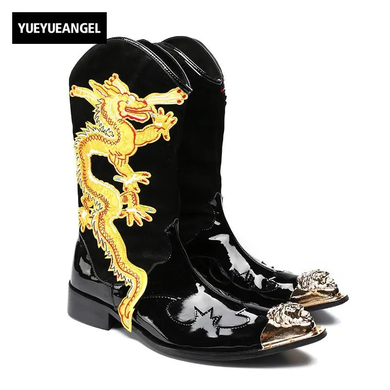 2018 Men Gothic Dragon Genuine Leather Punk Boots Metal Pointed Toes Black Rock Man Shoes High Top Military Riding Martin Botas 1