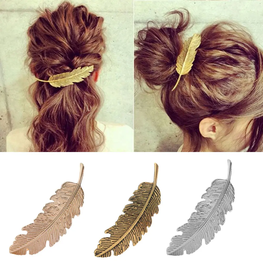1/2Pcs Fashion Women Leaf Feather Hair Clip Hairpins Girls Headband Barrette Bobby Pin Festival Hair Accessories Gold Silver 1