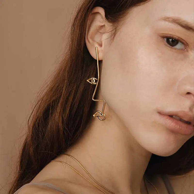 Asymmetrical Van Gogh Abstract Style Gold/Silver Face Stud Earrings For Women Chic Earrings Boucles D'oreilles 1