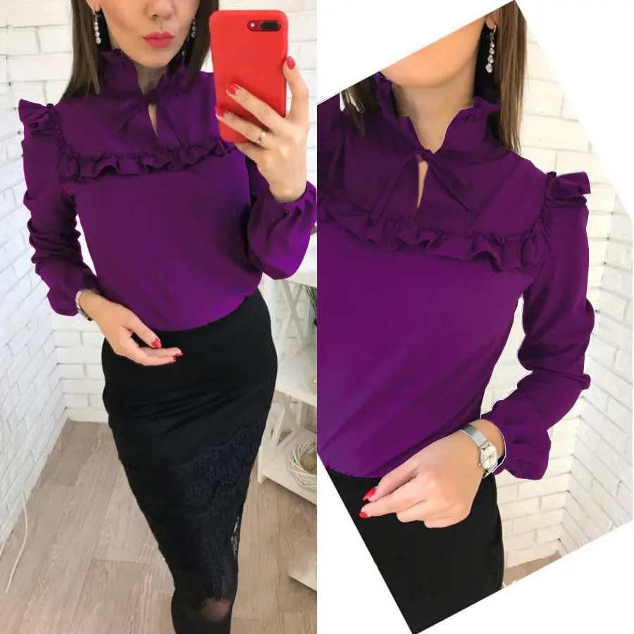 Women Fashion Long Sleeve Ruffles Loose Blouses Tops 2018 New Lady Summer Casual Party Purple Navy Blue Office Shirt Blouse 1