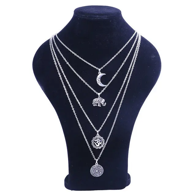Kmvexo 2018 New Vintage Silver Metal Om Elephant Moon Pendant Choker Collar Necklace Women Boho Multilayers Chocker Necklaces 3