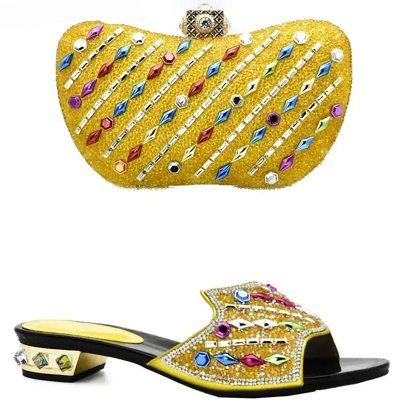 New Arrival Yellow Color African Woman Matching Italian Shoe And Bag Set 1