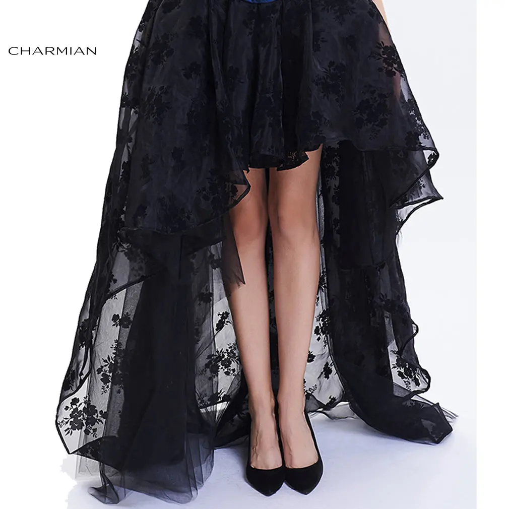 Charmian Women's Steampunk Gothic Vintage Skirt Floor Length Sexy Wedding Party High Low Black Floral Lace Skirt 1