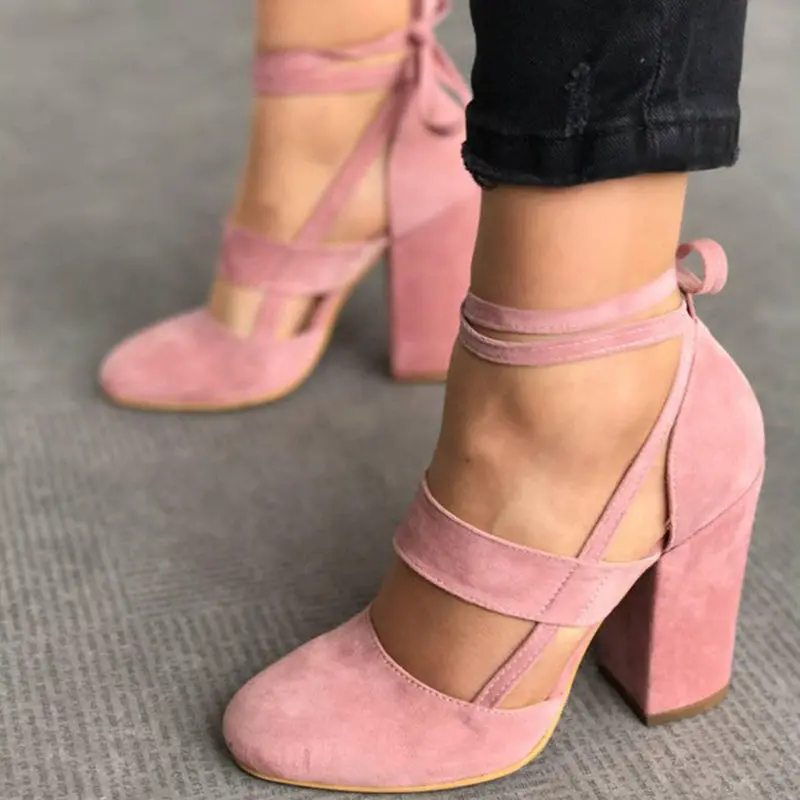 Women Pumps Fashion Gladiator Heels Shoes Woman Quality Lace Up High Heels Hollow Women Heels Black Pink 1