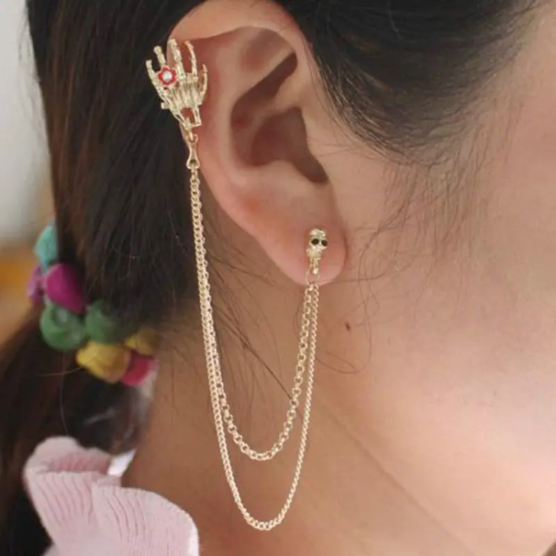 Nightclub Gothic Punk Skull Ear Cuff Earrings For Women Gold-Color Skeleton Bone Hand Clip On Earrings Halloween Gift 1Pc 1
