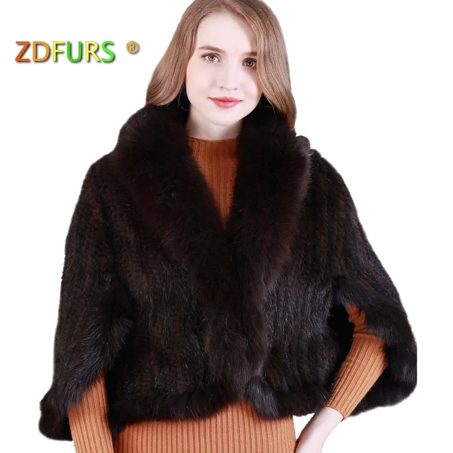 Zdfurs *New Genuine Knit Mink Fur Shawl Poncho With Fox Trimming Real Mink Fur Jacket Fashion Women Zdkm-166001 1