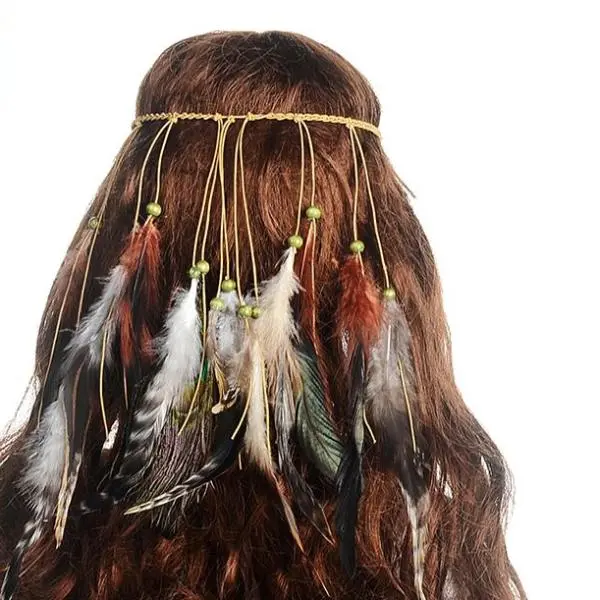 M Mism Feather Headband Women Peacock Rope Boho Hair Accessories Handmade Ethnic Plume Drop Beads Hair Band 1