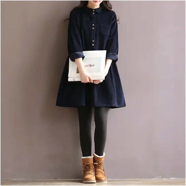 Japanese Korean Style College School Corduroy Green Dress Lady Long Sleeve Sweet Retro 2018 Fashion Dress Women's Winter Midi 1