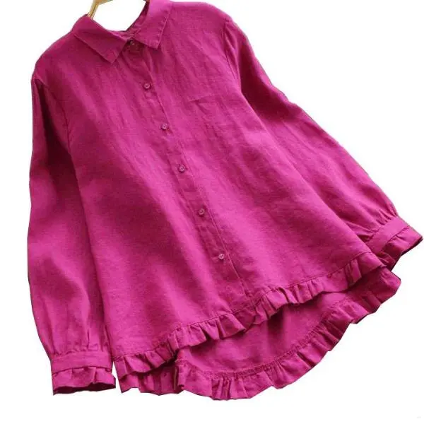 Mferlier Ladies Smart Casual Cotton Linen Summer Top Turn Down Collar Long Sleeve Artsy Ruffles Patchwork Women Blouses 1