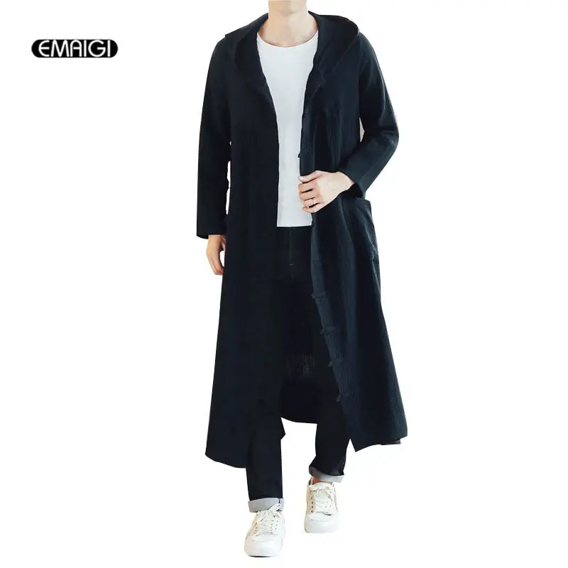 Men Long Casual Hooded Trench Coat Spring Autumn Male Loose Hoody Cardigan Jacket Outerwear Overcoat 1