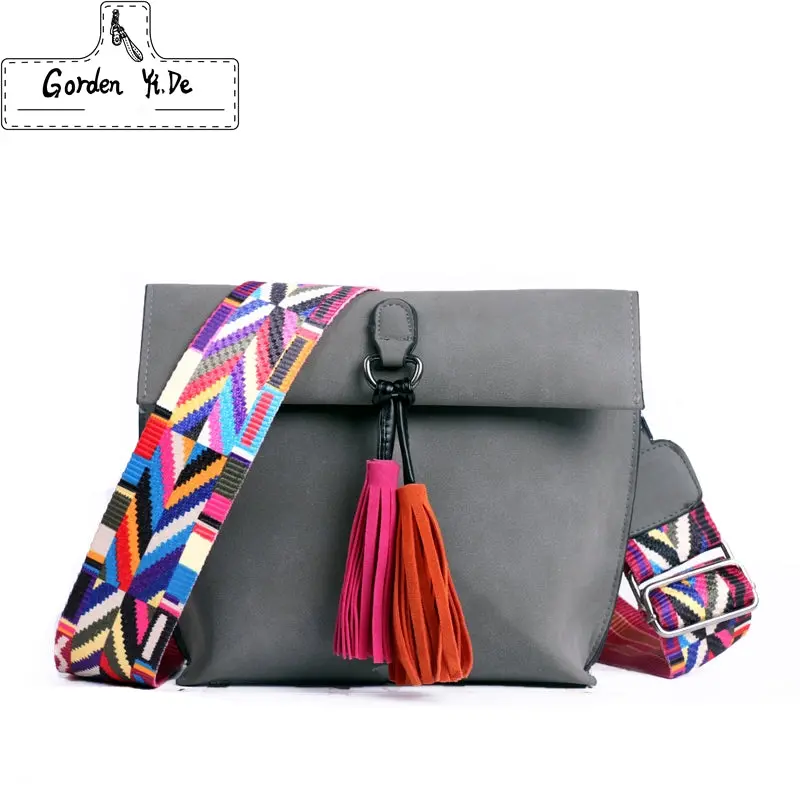 2018 New Women Scrub Leather Design Crossbody Bag Girls With Tassel Colorful Strap Shoulder Bag Female Small Flap Handbag 1