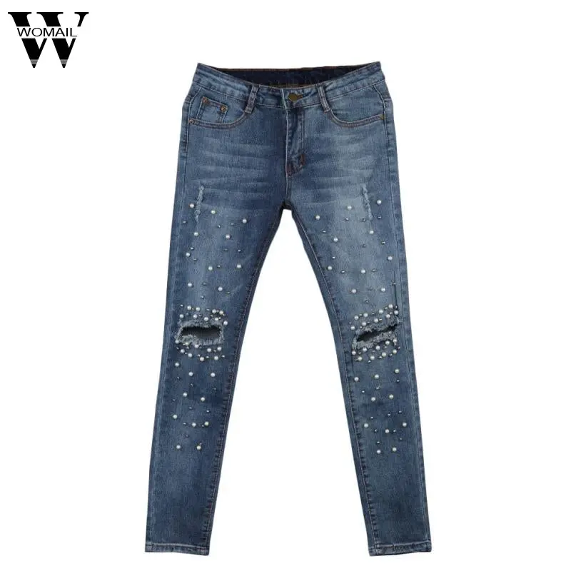 2017 Women Knee Hole Ripped Jeans Stretch Denim Pencil Pants Slim Fit Rivet Pearl Jeans Long Trousers Low Waist Cowboy O17 1