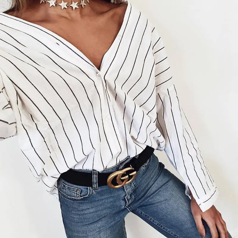 2018 New Women Summer Beach Casual Loose Shirt Long Sleeve Stripes Print Blouses Cardigan Button Casual Tops Plus Size 1