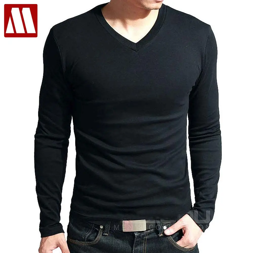 Hot Sale New Spring High-Elastic Cotton T-Shirts Men's Long Sleeve V Neck Tight T Shirt Free China Post Shipping Asia S-Xxxxxl 1