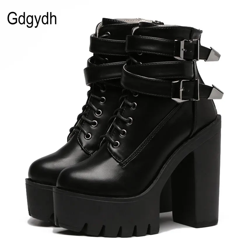 Gdgydh 2018 Spring Fashion Women Boots High Heels Platform Buckle Lace Up Leather Short Booties Black Ladies Shoes Good Quality 1