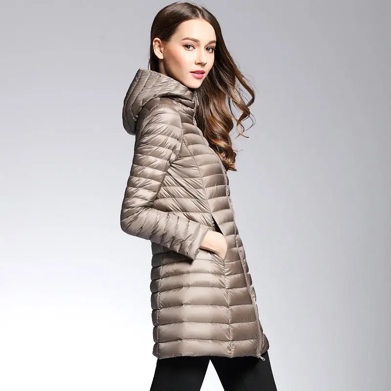 Woman Spring Padded Hooded Long Jacket White Duck Down Female Overcoat Ultra Light Slim Solid Jackets Coat Portable Parkas 1