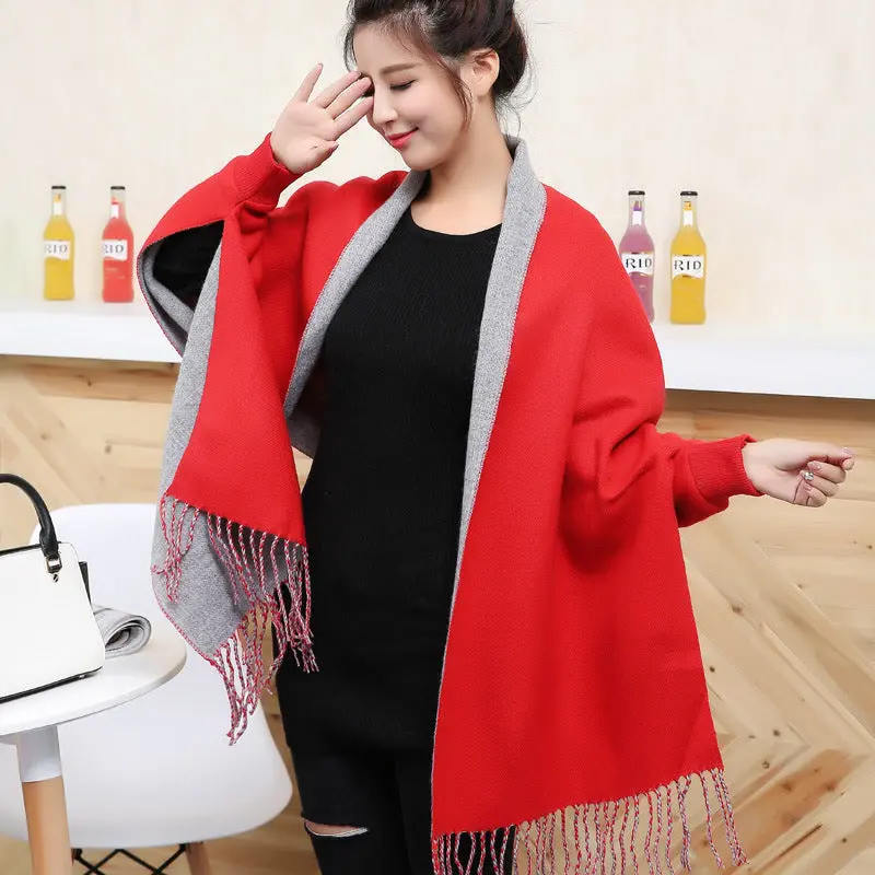 2017 Brand Designer Women Autumn And Winter Poncho Loose Tassel Scarf Bat Sleeve Knit Shawl Fringed Shawl Cape Cloak Female Coat 1