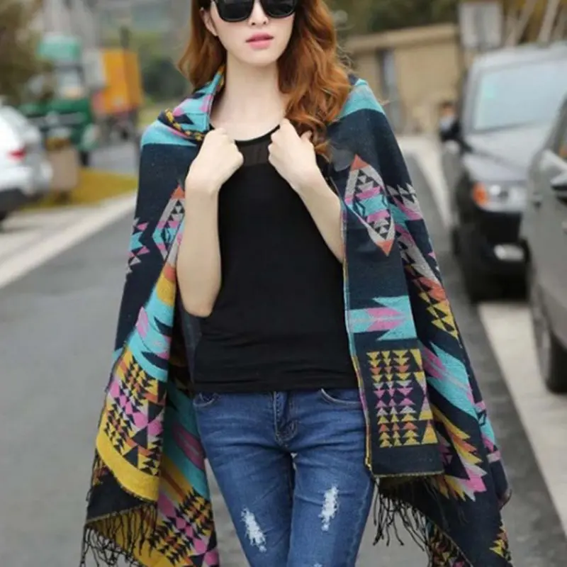 Boho Ethnic Fashion Large Shawl Bright Color Female Warm Hooded Horns Button Cloak  Imitation Cashmere Shawls Winter Scarves 1