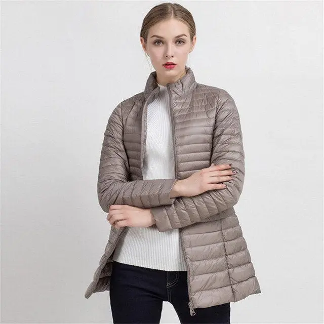 Johnature Women's Slim Winter Down Jacket with Stand Collar – Lightweight White Duck Feather Long Coat - Image 9