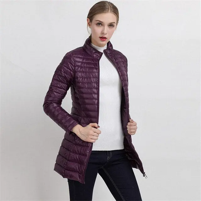 Johnature Women's Slim Winter Down Jacket with Stand Collar – Lightweight White Duck Feather Long Coat - Image 8